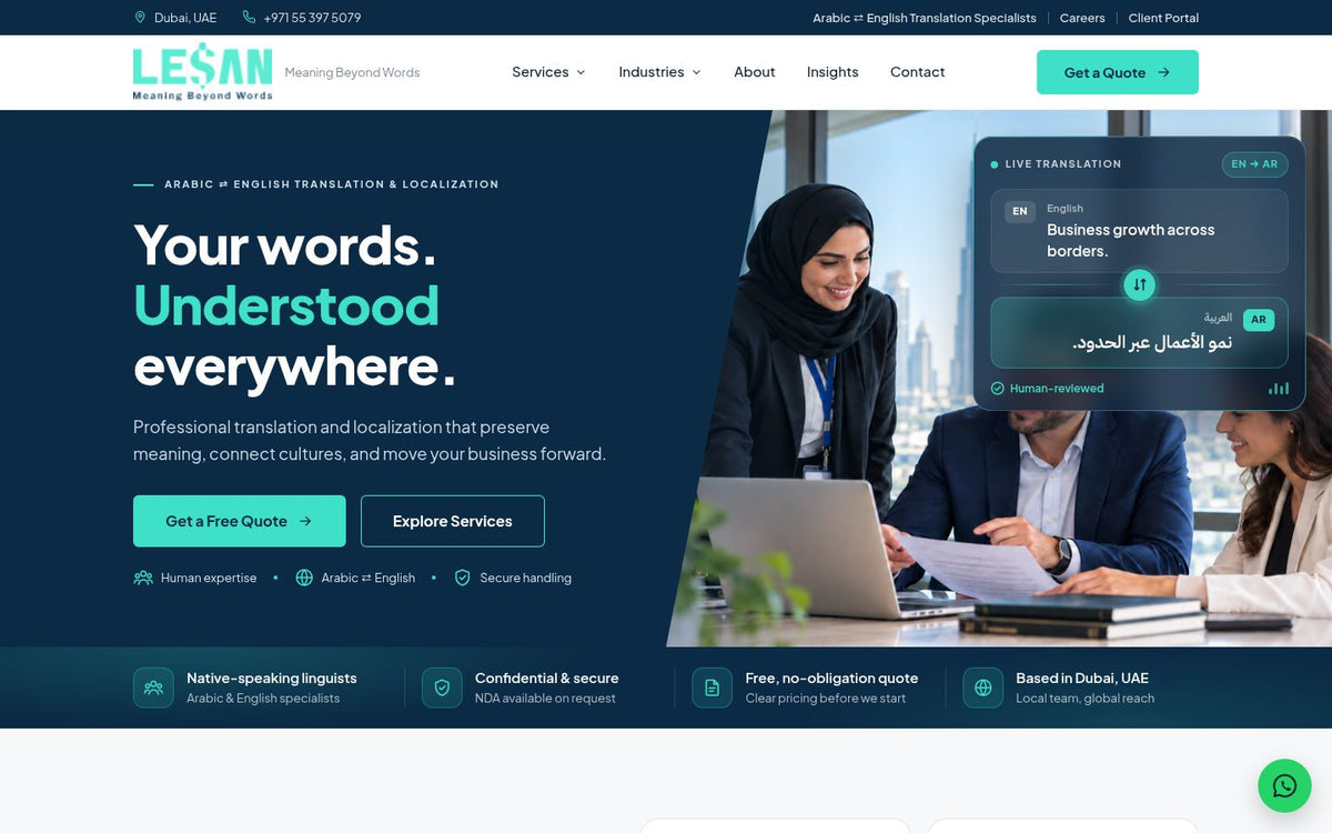 Lessan Translation website homepage on desktop, designed and built by Rukxi