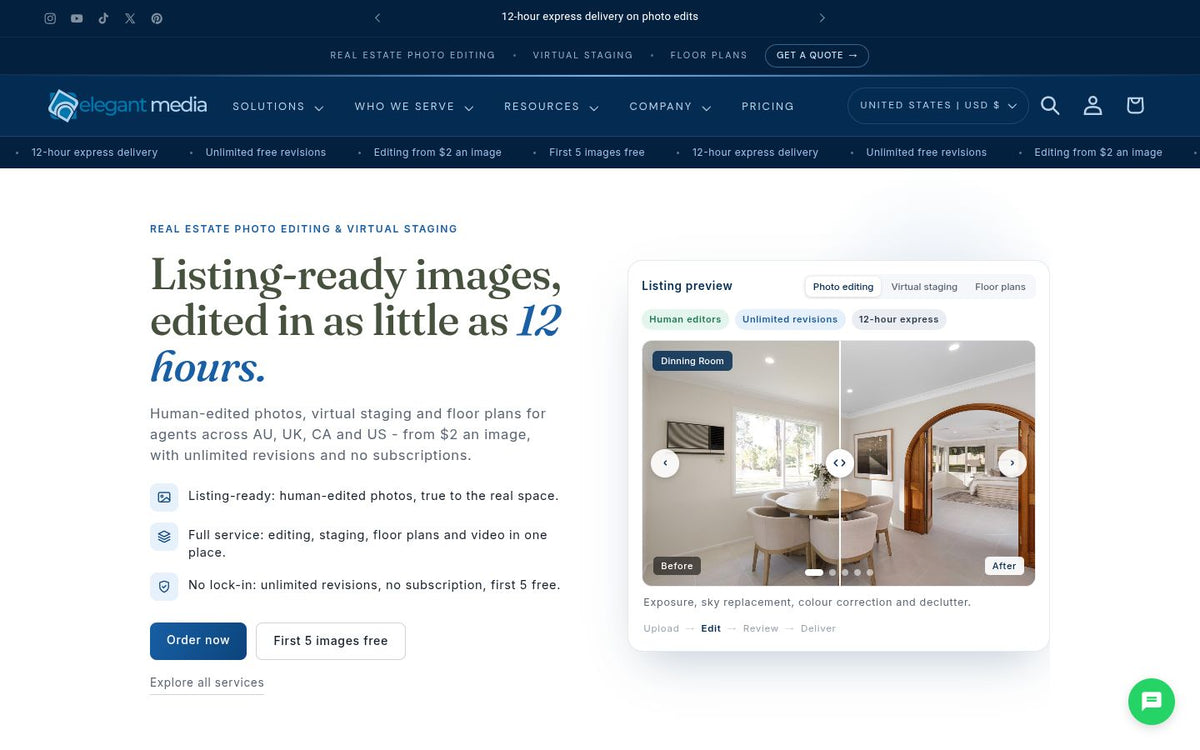 Elegant Media Solutions website homepage on desktop, by Rukxi