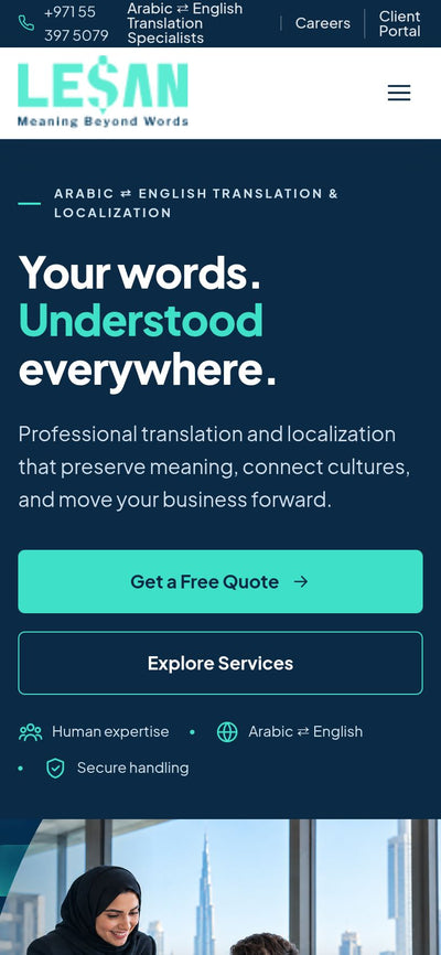 Lessan Translation website on mobile, designed and built by Rukxi